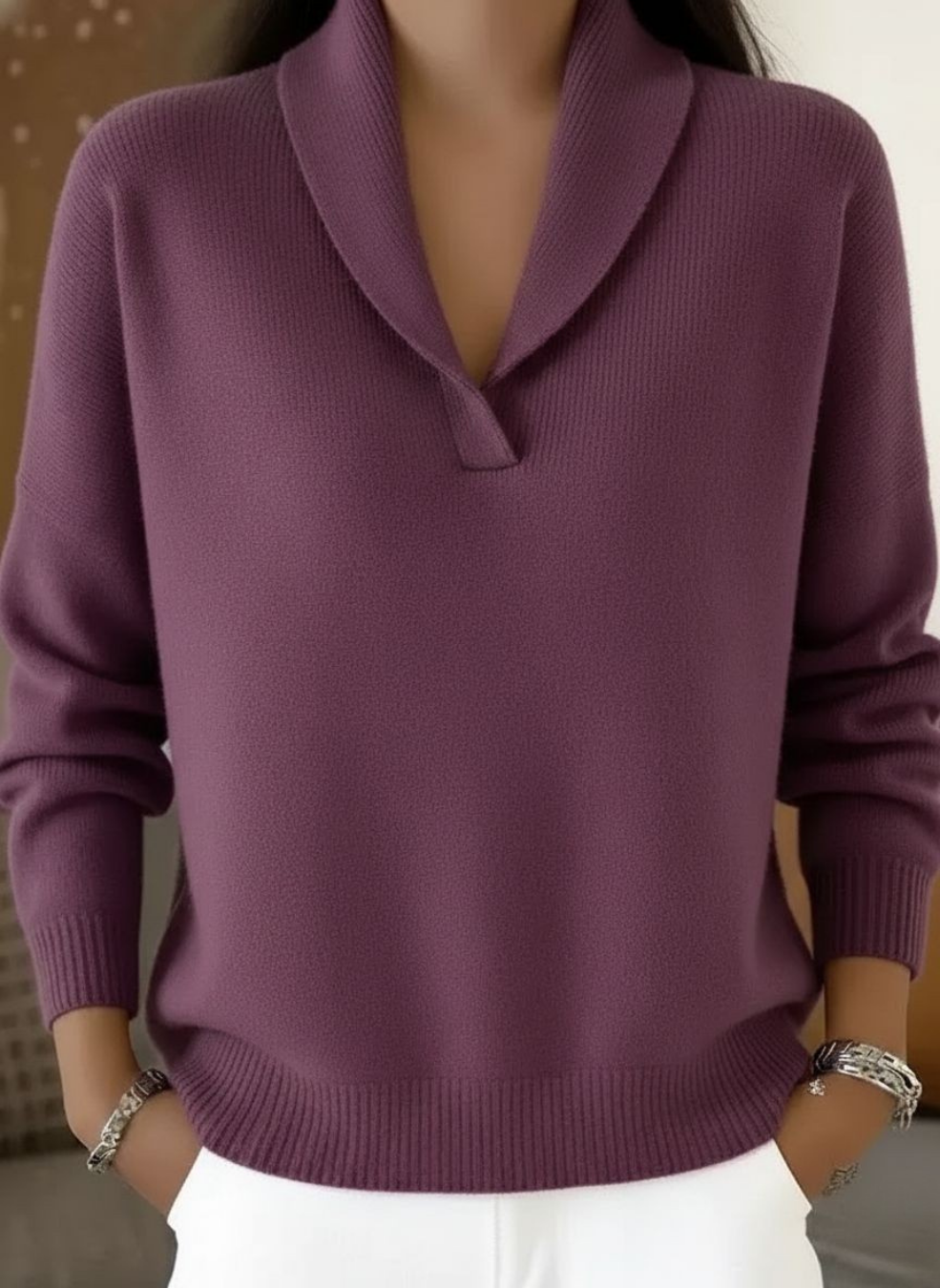Nivian Ribbed V-Neck Pullover Sweater - Purple