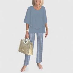 Women's loose two-piece set in slate blue with striped pants