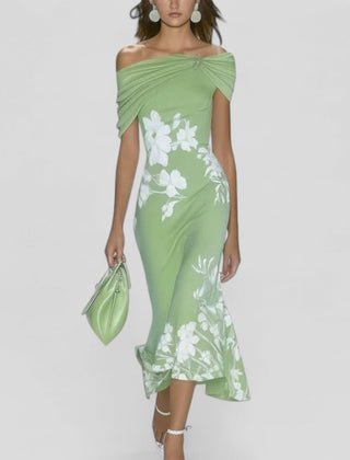 Women's relaxed midi dress with statement print in green