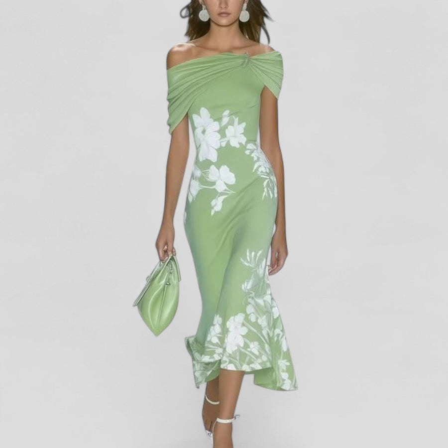 Women's relaxed midi dress with statement print in green
