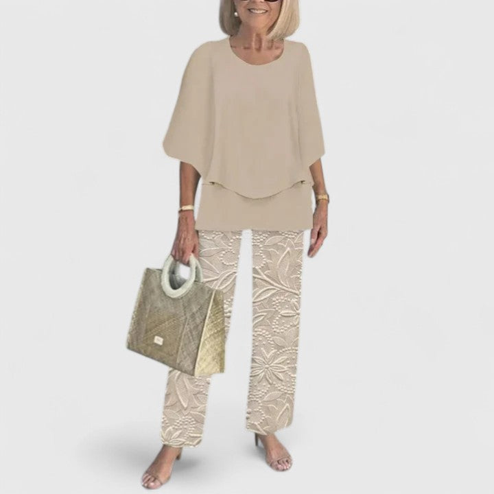 Women's loose two-piece set in beige with tonal print pants