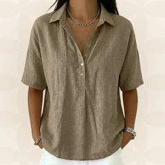 Sonja comfortable collared blouse with button detail, front view