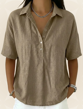Sonja comfortable collared blouse with button detail, front view