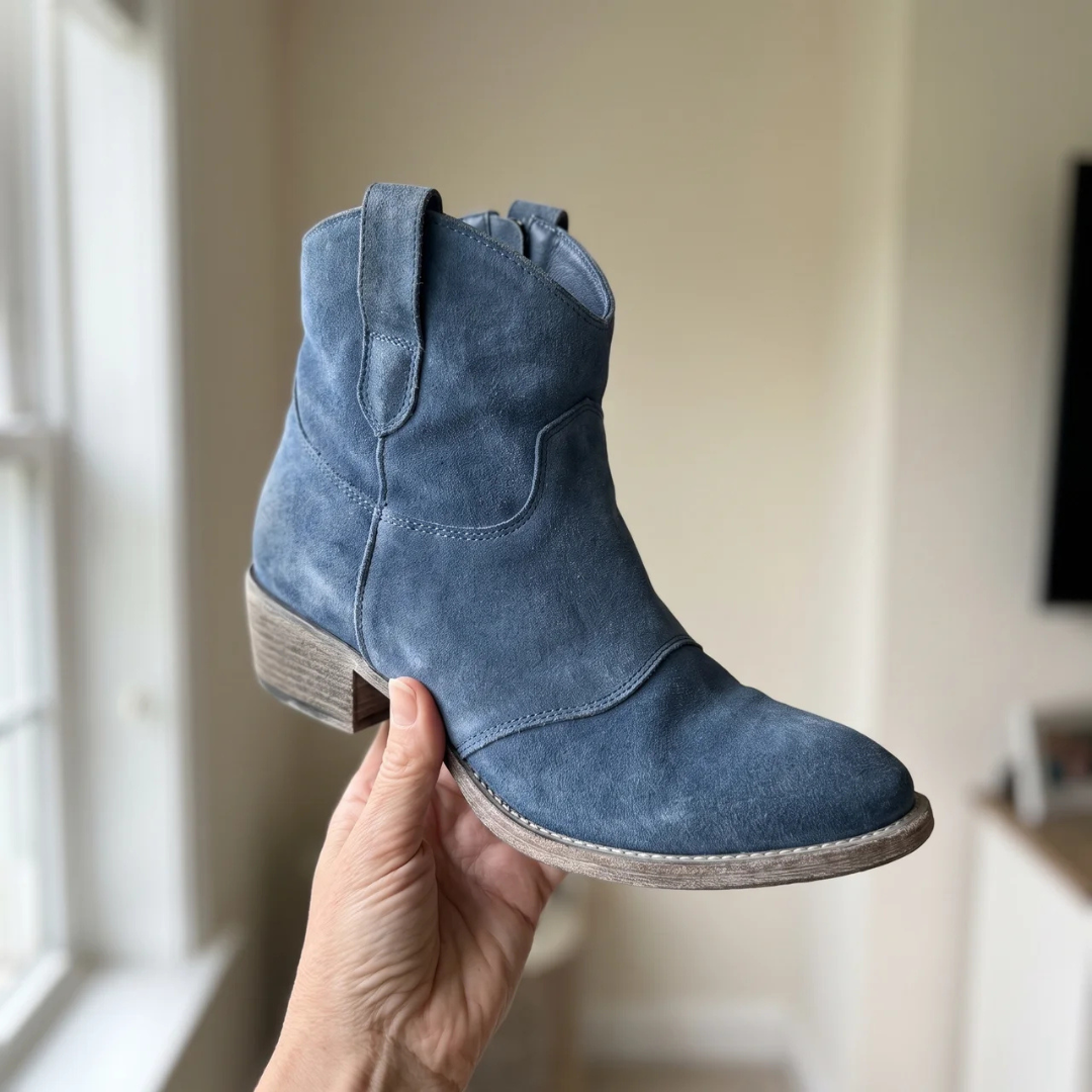 Charlotte comfortable suede ankle boots, detail view of low heel and rounded toe