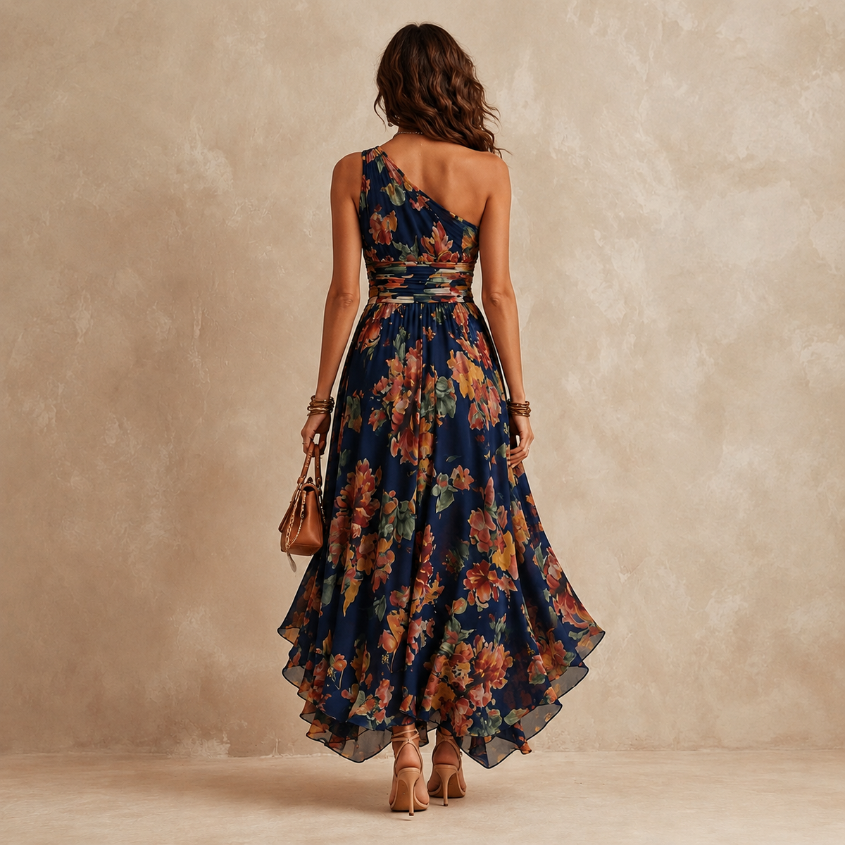 One-shoulder maxi jurk stofdetail