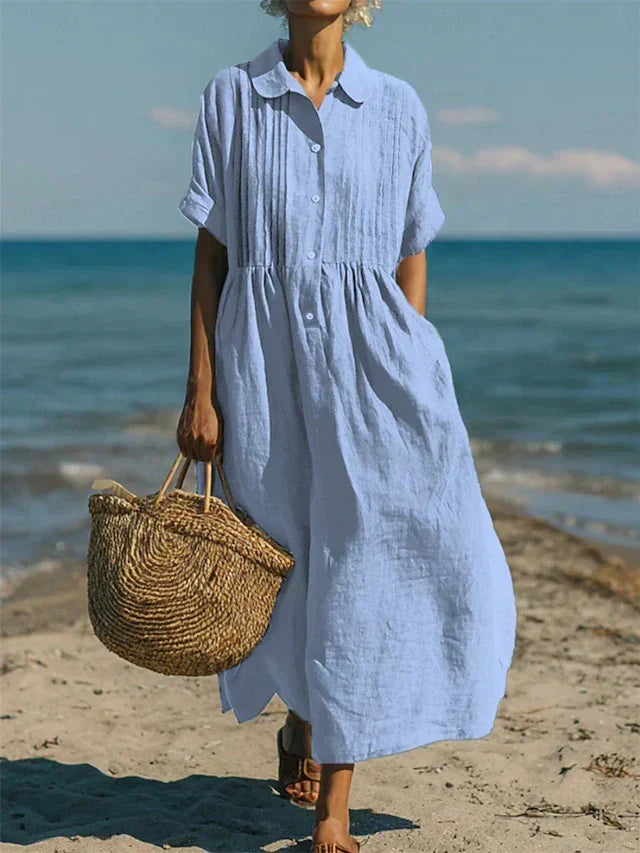 Women's light blue collared button-front midi dress