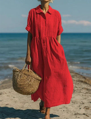 Women's red collared button-front midi dress