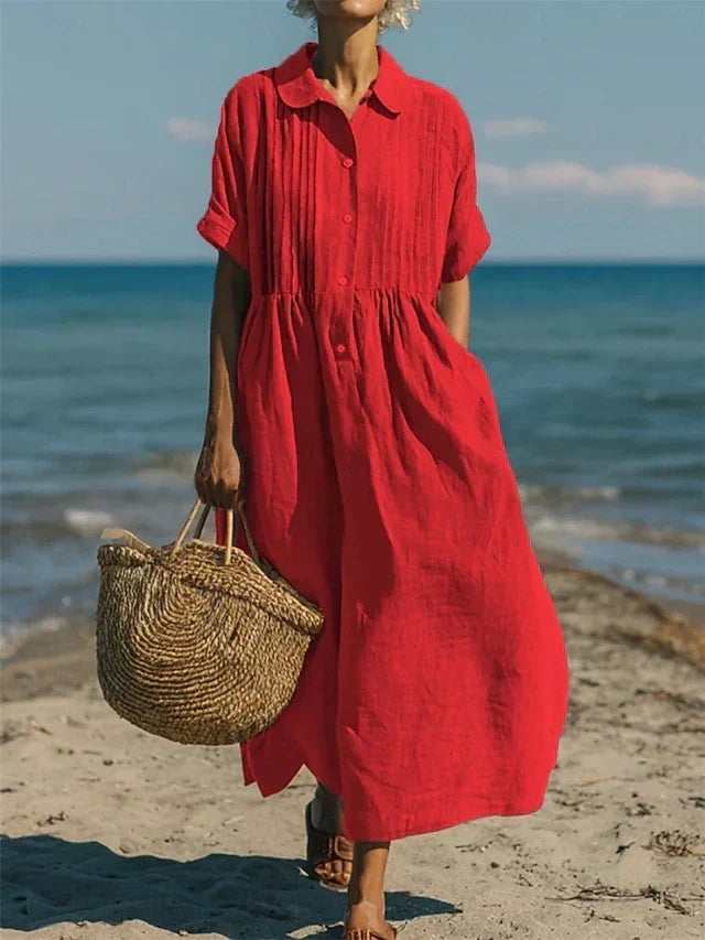 Women's red collared button-front midi dress