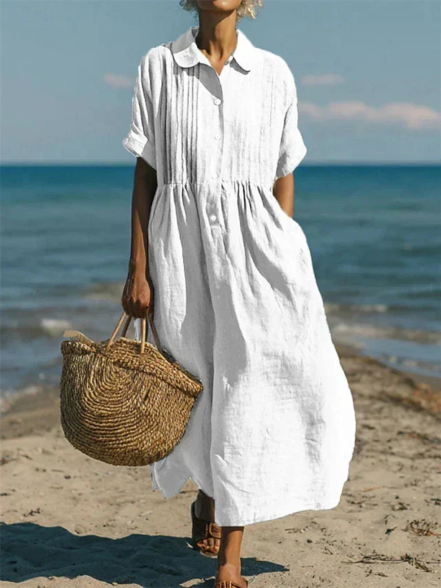 Women's white collared button-front midi dress