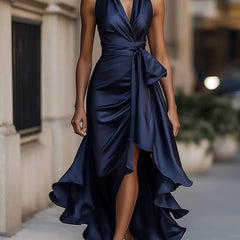 Women's navy blue halterneck maxi dress with wrap-style waist