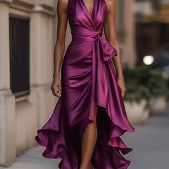 Women's dark pink halterneck maxi dress with wrap-style waist