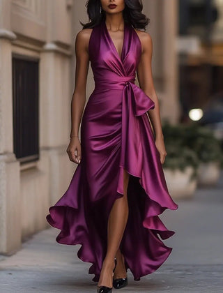 Women's dark pink halterneck maxi dress with wrap-style waist