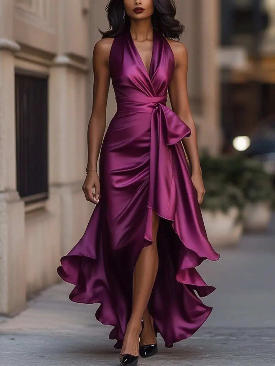 Women's dark pink halterneck maxi dress with wrap-style waist