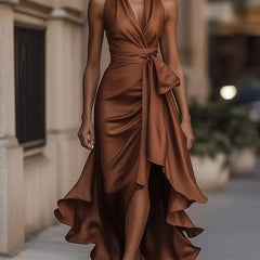 Women's brown halterneck maxi dress with wrap-style waist