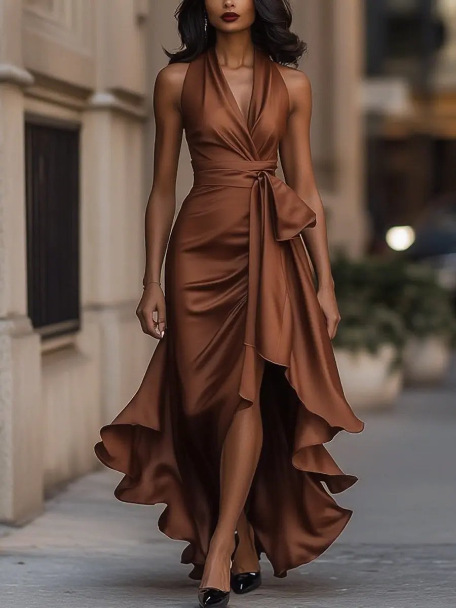 Women's brown halterneck maxi dress with wrap-style waist