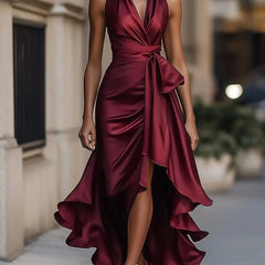 Women's burgundy halterneck maxi dress with wrap-style waist