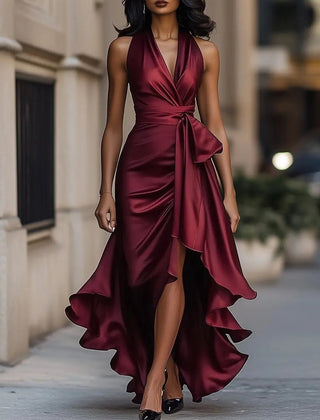 Women's burgundy halterneck maxi dress with wrap-style waist