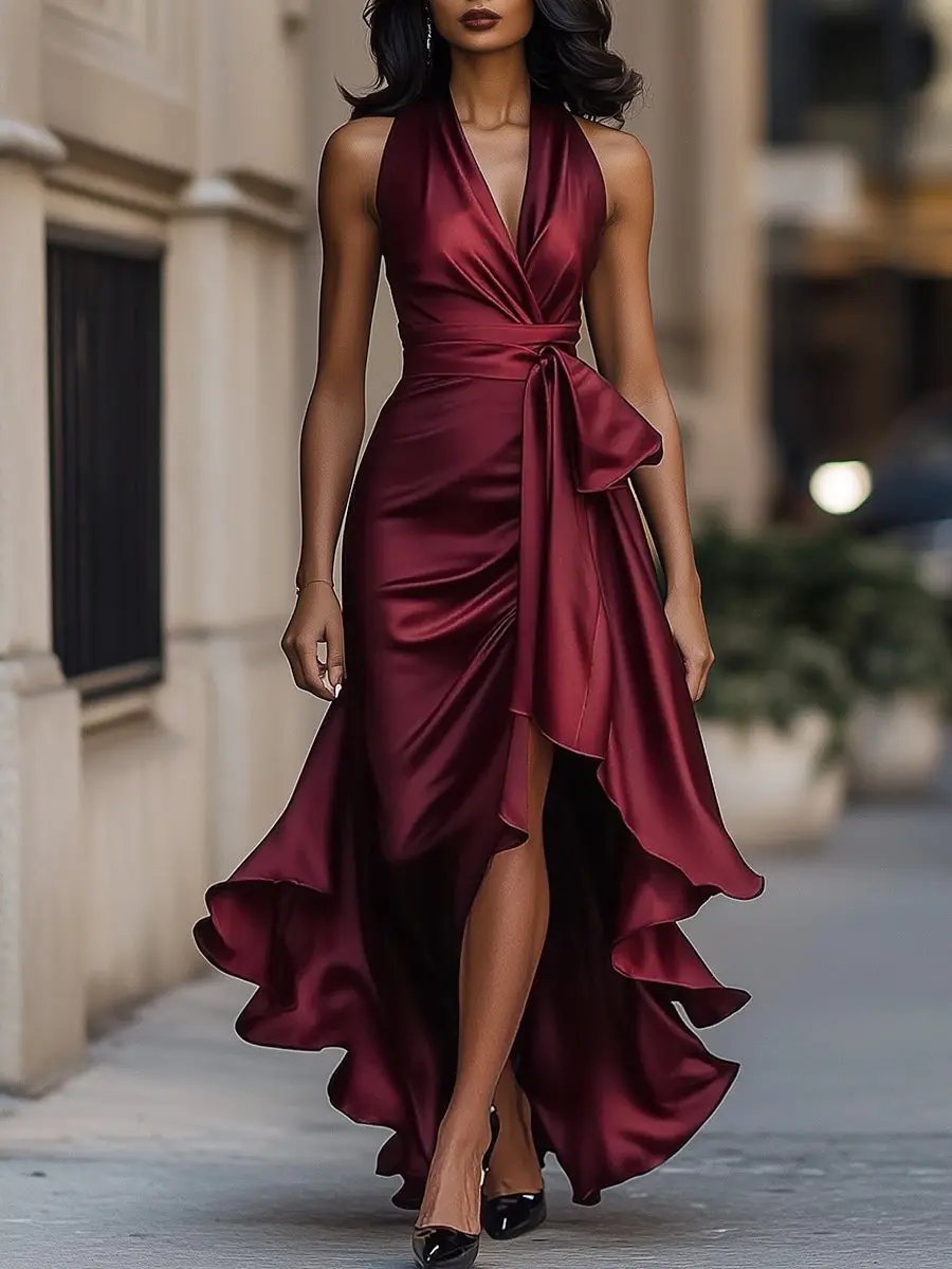 Women's burgundy halterneck maxi dress with wrap-style waist