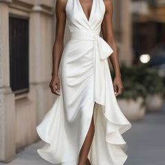 Women's white halterneck maxi dress with wrap-style waist