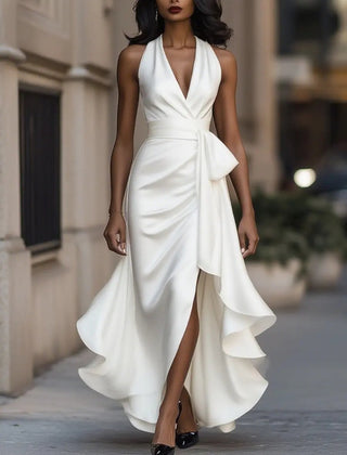 Women's white halterneck maxi dress with wrap-style waist