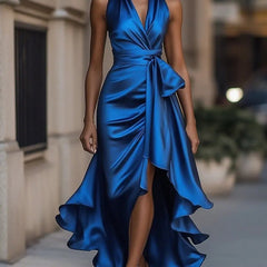 Women's blue halterneck maxi dress with wrap-style waist