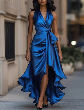 Women's blue halterneck maxi dress with wrap-style waist