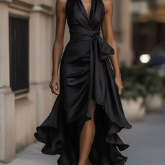Women's black halterneck maxi dress with wrap-style waist