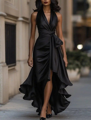 Women's black halterneck maxi dress with wrap-style waist