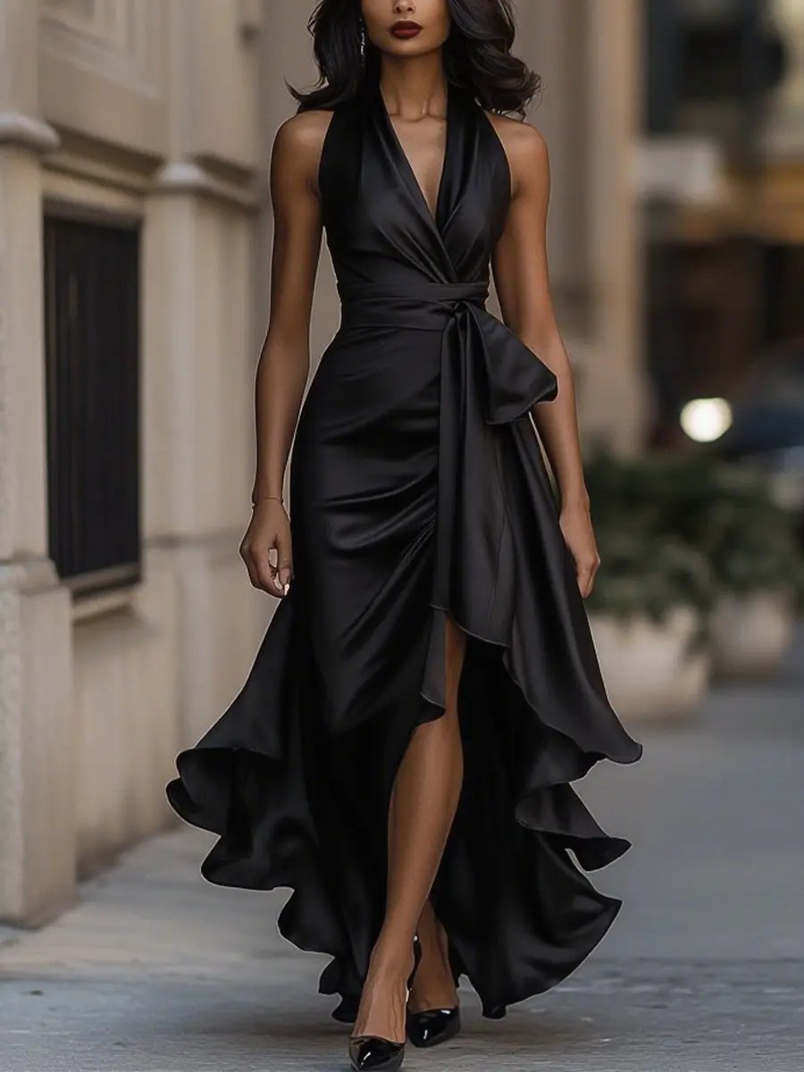 Women's black halterneck maxi dress with wrap-style waist