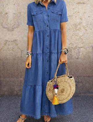 Woman wearing a comfortable blue button-front midi dress
