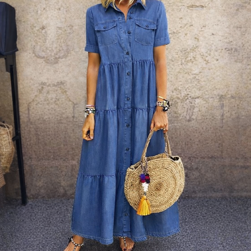 Woman wearing a comfortable blue button-front midi dress
