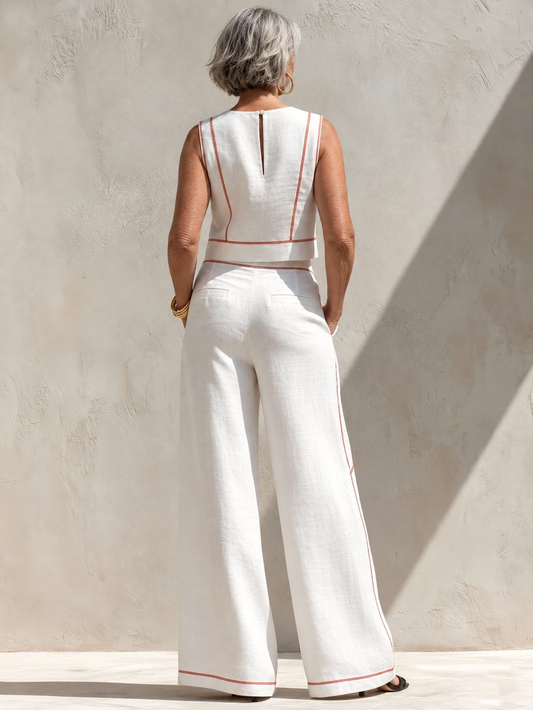 Calla | Contrast Stitching Blouse & Wide Pants Set