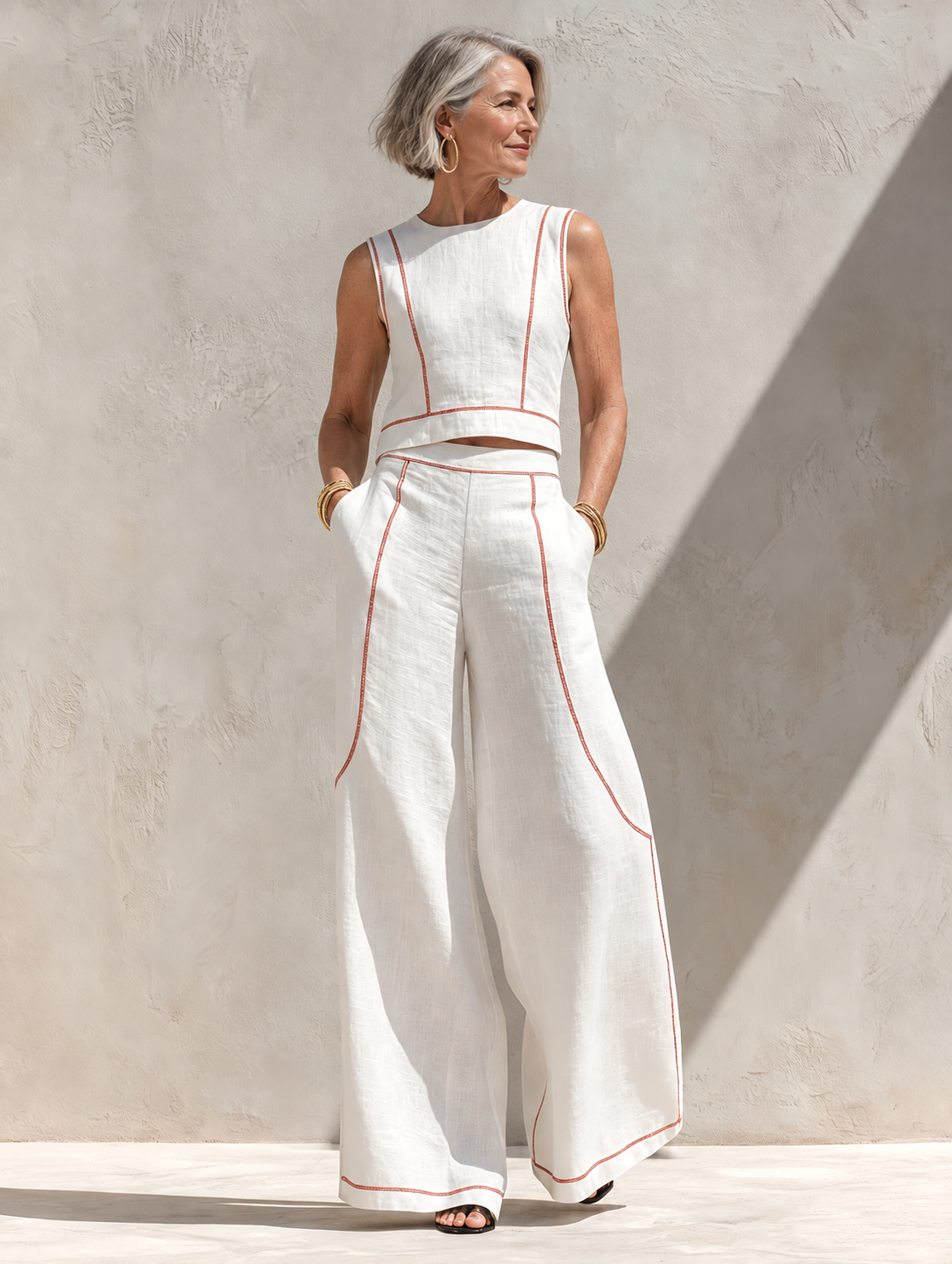 Calla | Contrast Stitching Blouse & Wide Pants Set