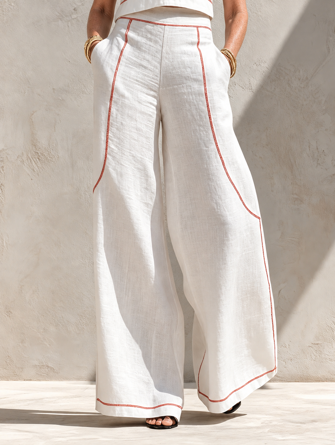 Calla | Contrast Stitching Blouse & Wide Pants Set