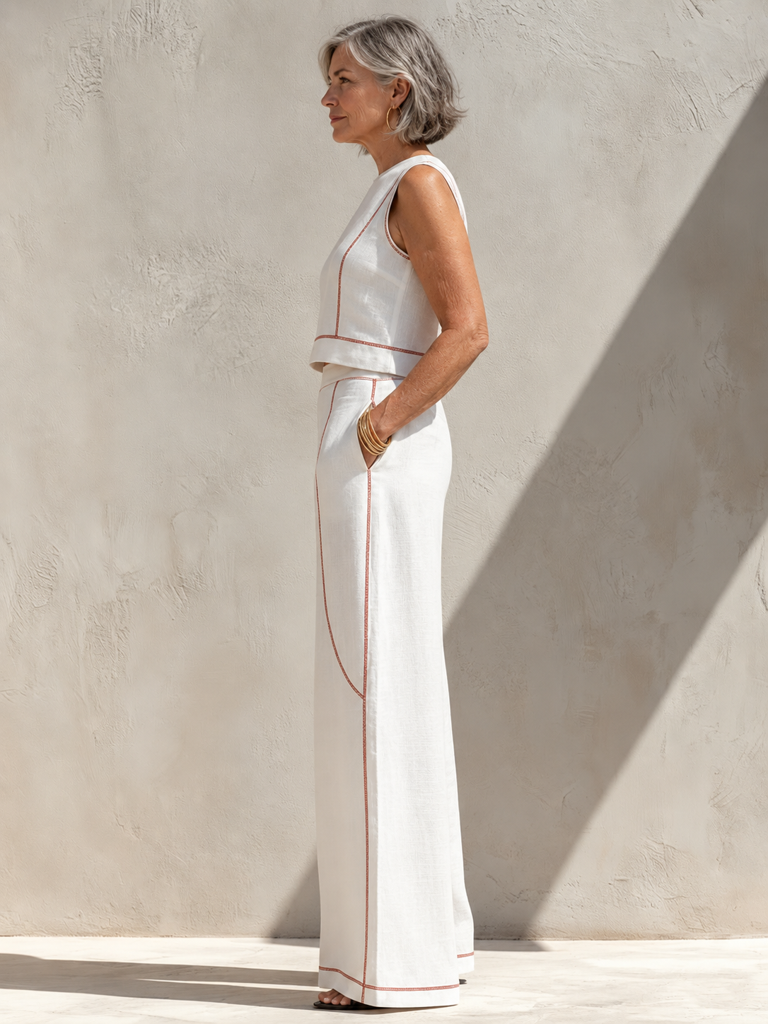Calla | Contrast Stitching Blouse & Wide Pants Set