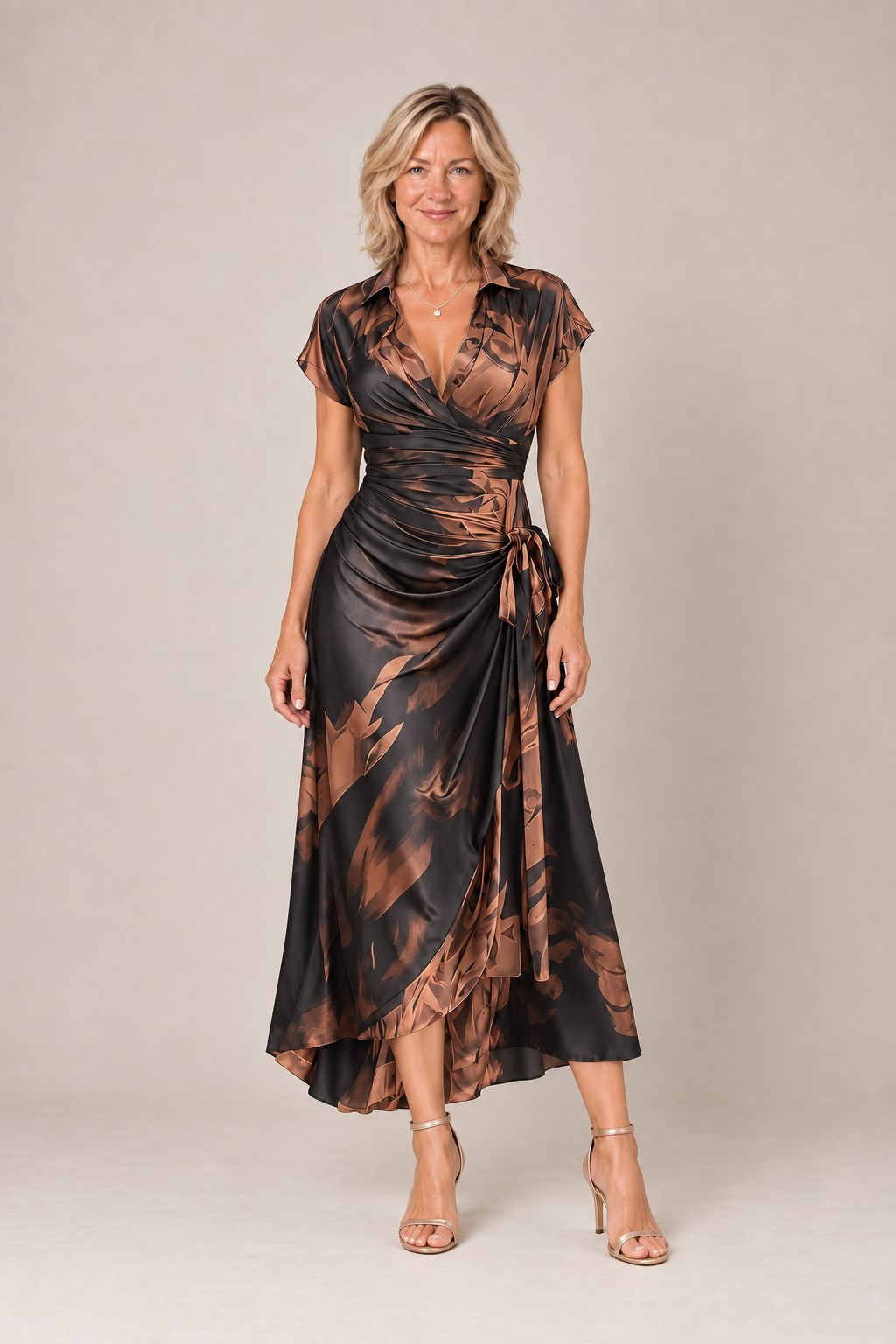 Abstract Print Wrap Midi Dress – Brown