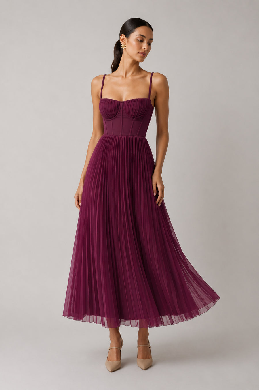 Women's wine red structured corset maxi dress, Jacqueline