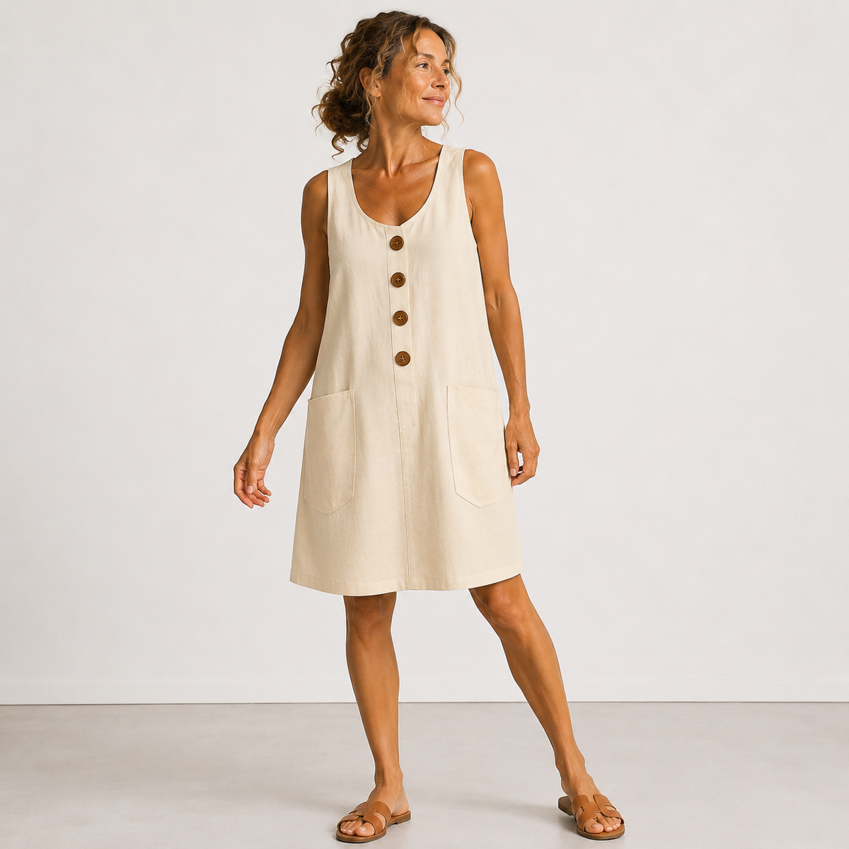 Macey Cotton Linen Summer Dress - Beige