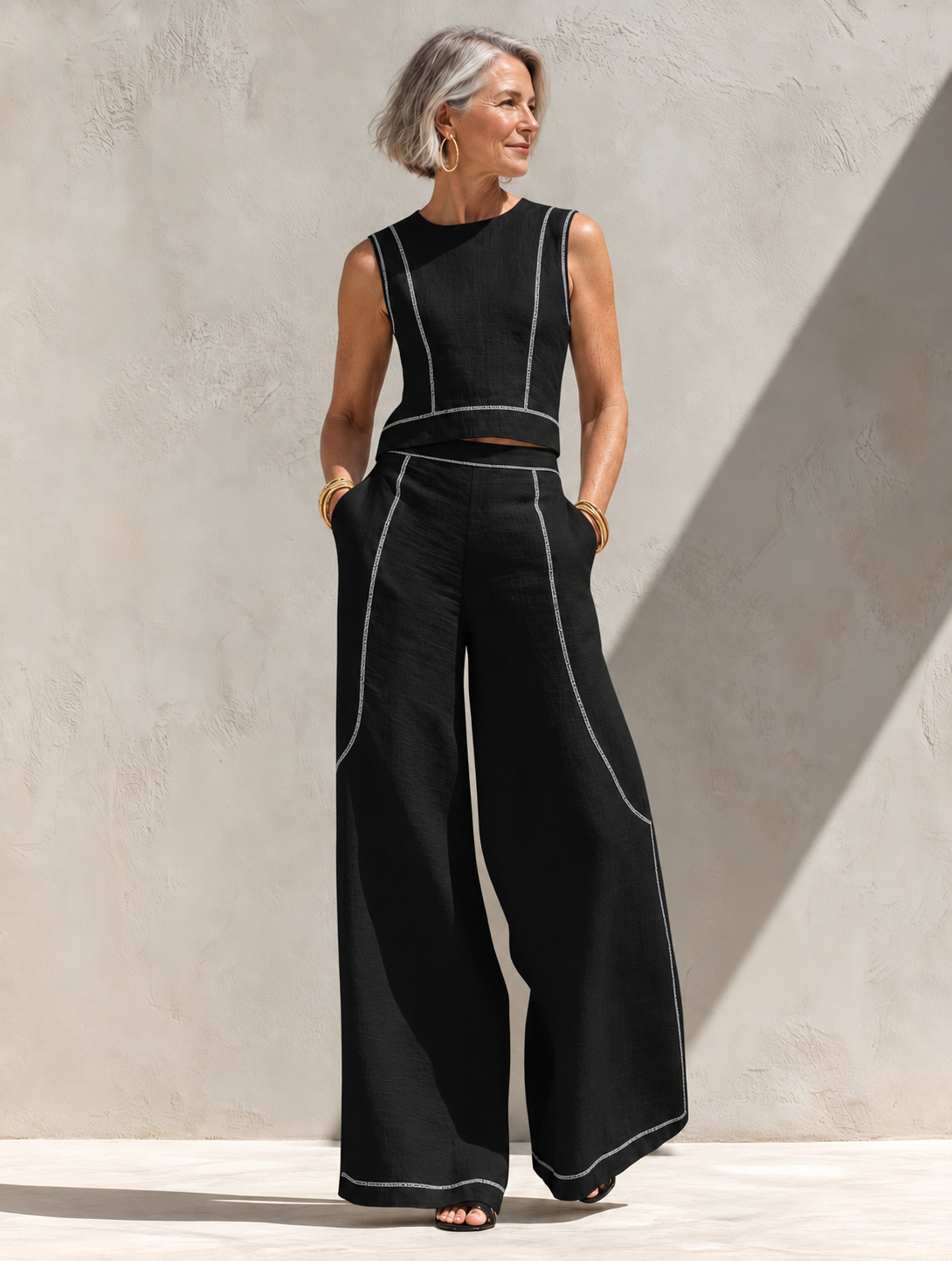 Calla | Contrast Stitching Blouse & Wide Pants Set