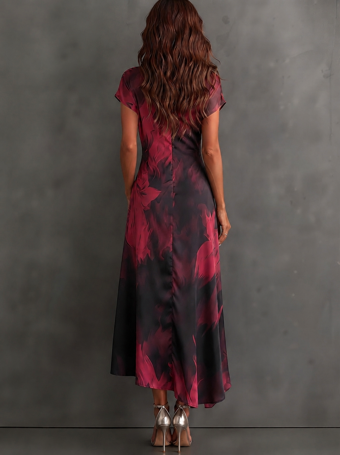 Abstract Print Wrap Midi Dress – Brown