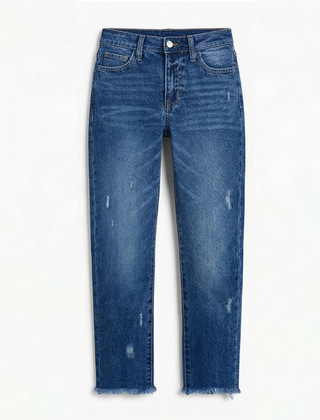 Women's cropped straight leg jeans in Dark Blue.