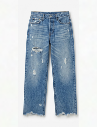 Women's cropped straight leg jeans in Medium Blue.