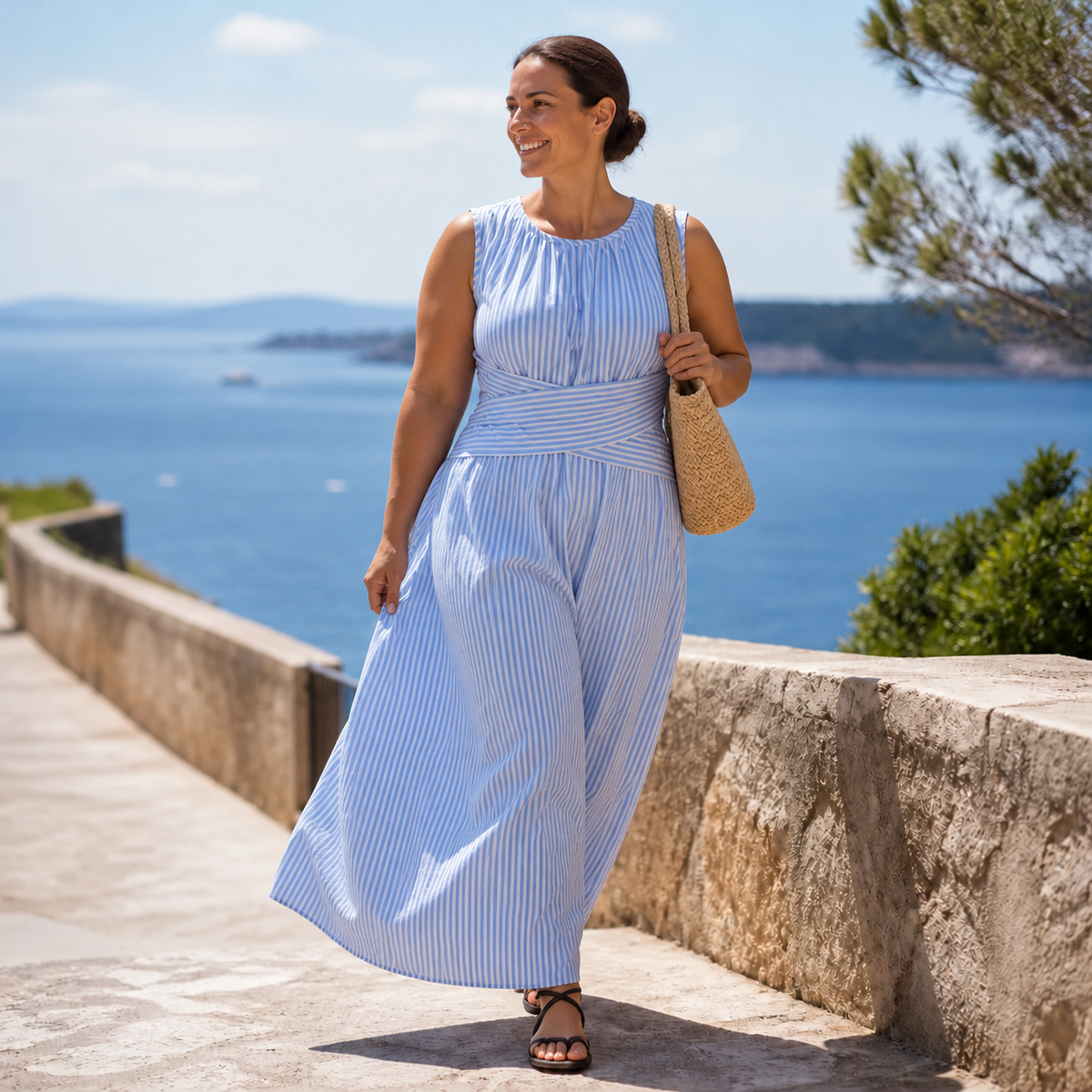 Marellé | Sleeveless Striped Wrap Waist Maxi Dress