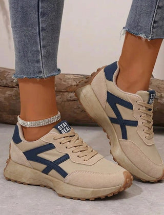 Women's beige and blue orthopaedic comfort trainers with a cushioned gum sole