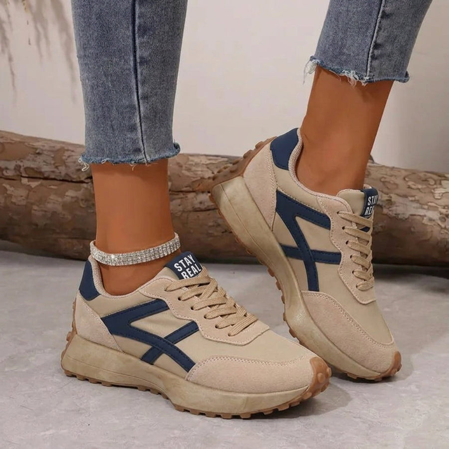 Women's beige and blue orthopaedic comfort trainers with a cushioned gum sole