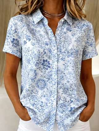 Women's relaxed sea blue floral short-sleeve button-up shirt.