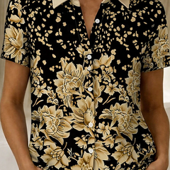 Women's relaxed gold floral short-sleeve button-up shirt.