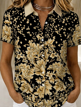 Women's relaxed gold floral short-sleeve button-up shirt.