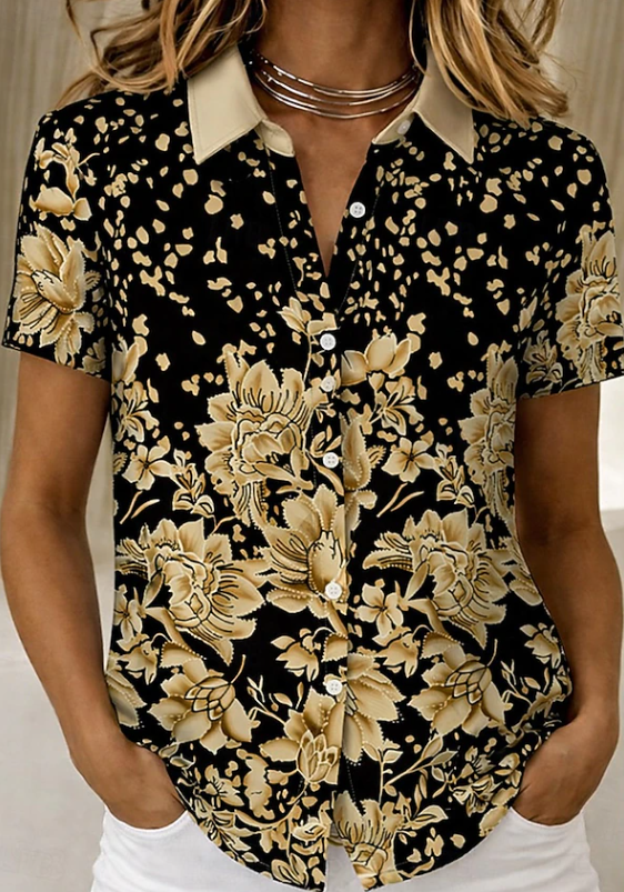 Women's relaxed gold floral short-sleeve button-up shirt.