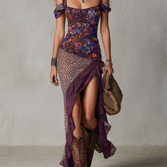 Purple Urban Nomadic Leopard Print Floral High-Slit Maxi Dress